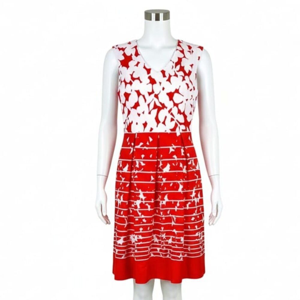 Studio One Red-Orange White Floral A-Line V-Neck Travel Dress 60s 70s Mod Sz 4